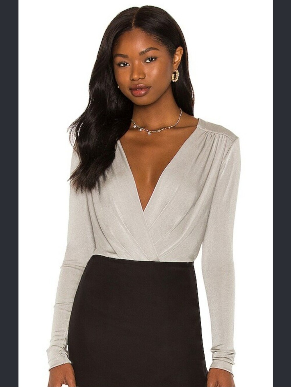 Free People Draped V-Neck Long-Sleeve Bodysuit in Light Gray